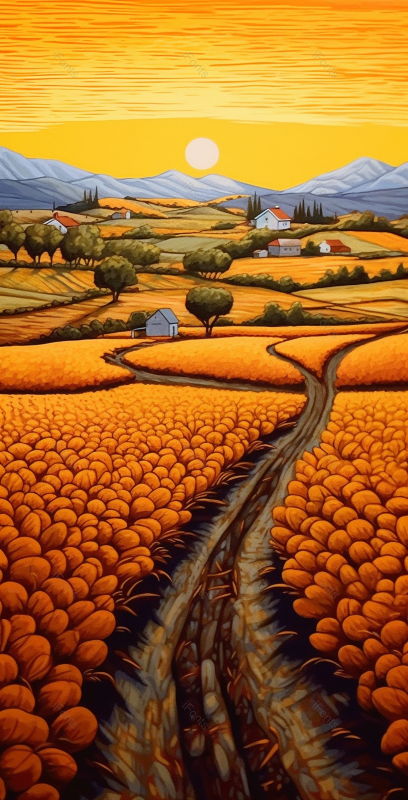 夕阳黄昏风景画面丰收秋收插画手绘,插画/手绘图,插画/手绘图库,插画/手绘图下载,插画/手绘
